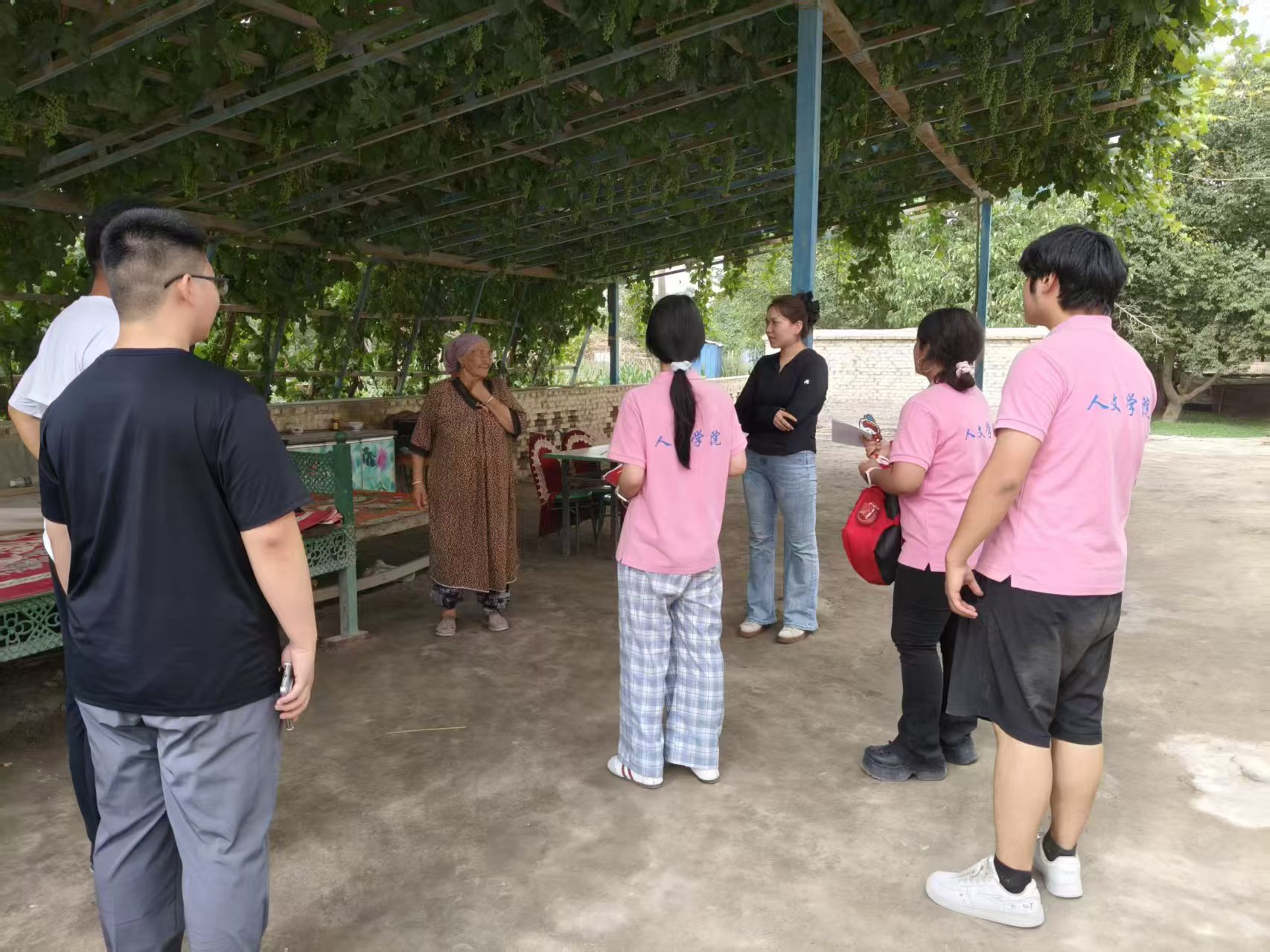 实践团成员与维吾尔族村民在葡萄架下交流